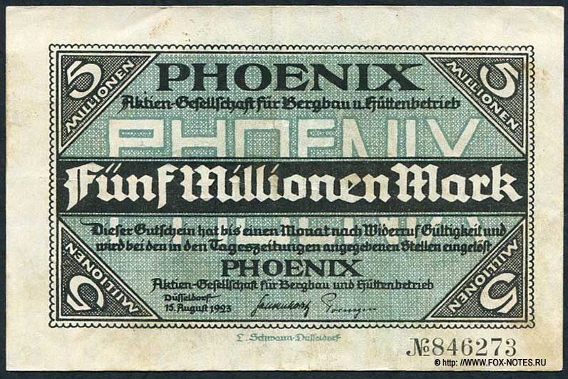Phoenix, Aktien-Gesellschaft für Bergbau und Hüttenbetrieb 5000000 Mark 1923