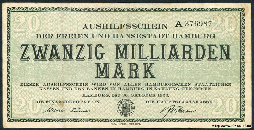 Freie und Hansestadt Hamburg Finanzdeputation und Hauptstaatskasse, Hamburg 20 Milliarden Mark 1923