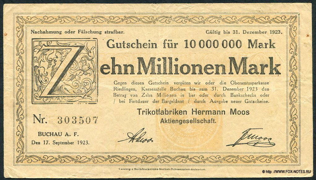 Trikotfabriken Hermann Moos AG 10 Millionen Mark 1923