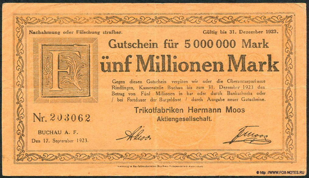 Trikotfabriken Hermann Moos AG 5 Millionen Mark 1923