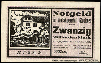 Notgeld der Amtskörperschaft Göppingen. 20 Milliarden Mark. 1923.