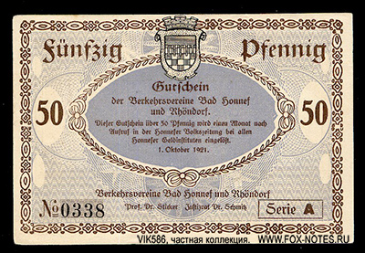 Verkehrsvereine Bad Honnef und Rhöndorf 50 Pfennig 1921