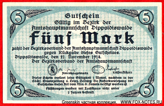 Bezirksverband der Amtshauptmannschaft Dippoldiswalde 5 Mark 1918