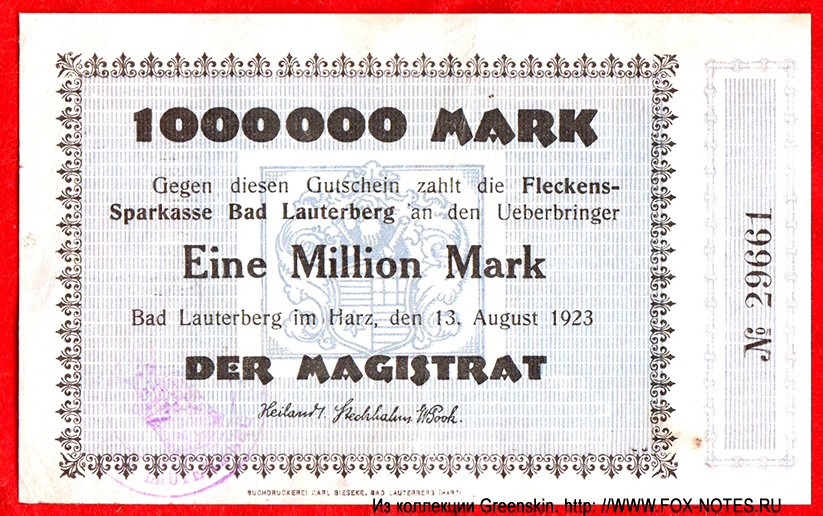 Fleckens-Sparkasse Bad Lauterberg 1000000 Mark 1923