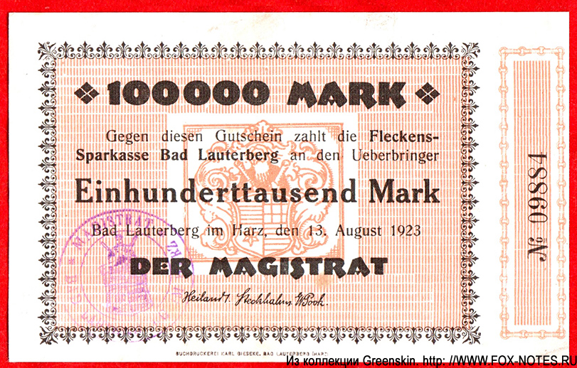 Fleckens-Sparkasse Bad Lauterberg 100000 Mark 1923