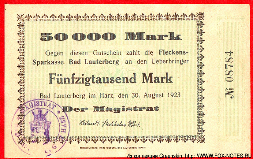 Fleckens-Sparkasse Bad Lauterberg 50000 Mark 1923