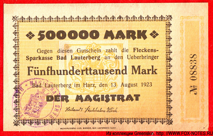 Fleckens-Sparkasse Bad Lauterberg 500000 Mark 1923