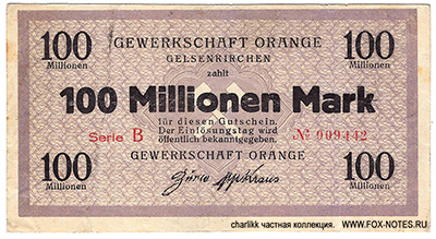 Gewerkschaft Orange Gelsenkirchen. 10 Millionen Mark. 1923.