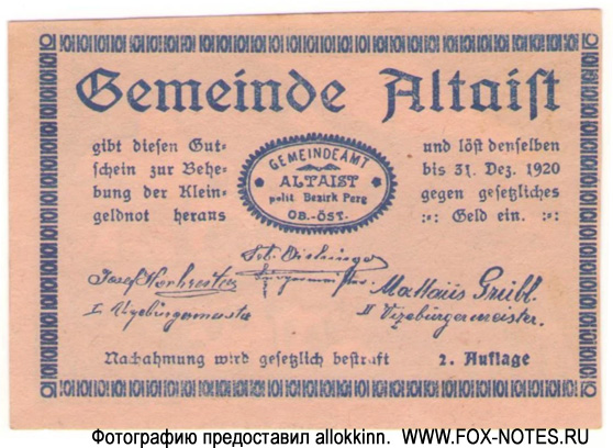Gemeinde Altaist 10 Heller 1920