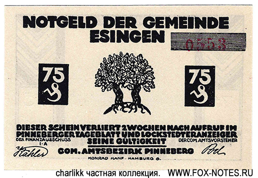 Notgeld der Gemeinde Esingen. 75 Pfennig.