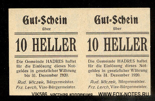 Gemeinde Hadres 10 Heller Notgeld