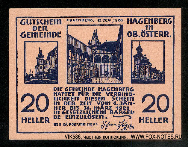 Gutschein der Gemeinde Hagenberg. 20 Heller. 13. Mai 1920