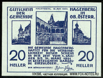 Gemeinde Hagenberg. 20 Heller. 13. Mai 1920