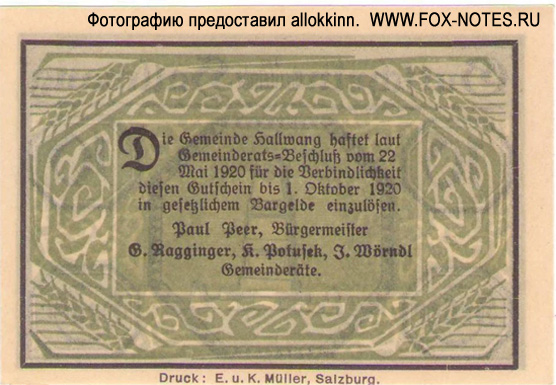 Gutschein der Gemeinde Hallwang. 10 Heller. 20 Mai 1920.
