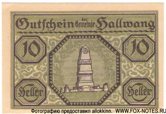 Gutschein der Gemeinde Hallwang. 10 Heller. 20 Mai 1920.