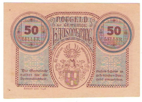 Notgeld der Gemeinde Hausmening. 50 heller 1920. Gültig bis 31. Dezember 1920.