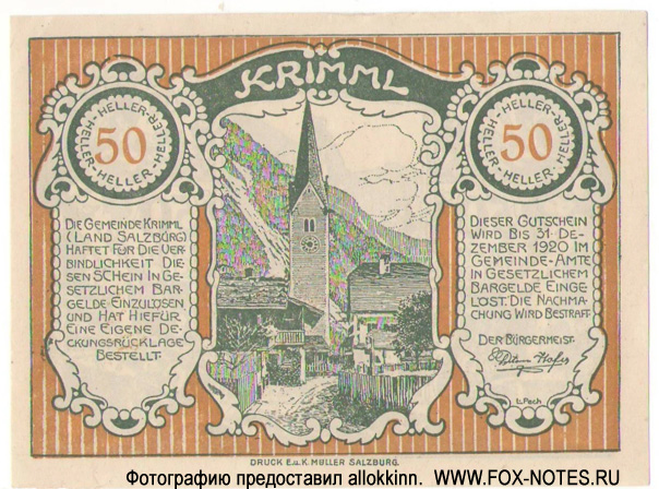 Gemeinde Krimml 50 Heller 1920