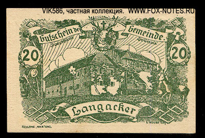 Gutschein der Gemeinde Langacker. 20 Heller. 27. Juni 1920.