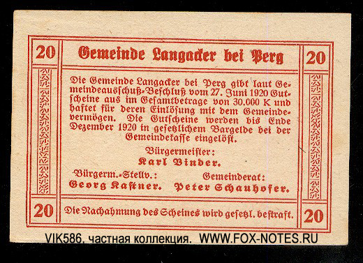 Gutschein der Gemeinde Langacker. 20 Heller. 27. Juni 1920.