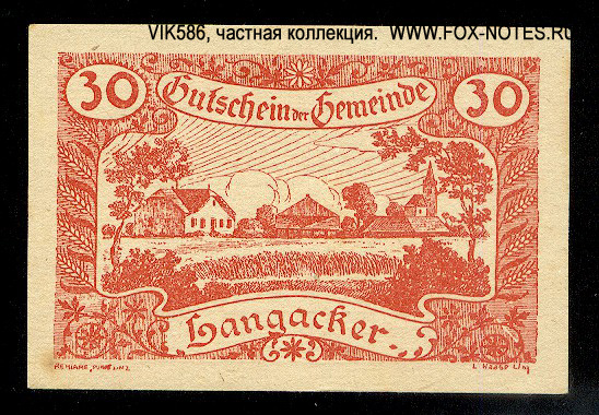 Gutschein der Gemeinde Langacker. 30 Heller. 27. Juni 1920.