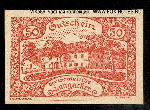 Gutschein der Gemeinde Langacker. 50 Heller. 27. Juni 1920.