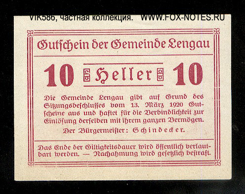 Gemeinde Lengau 10 Heller 1920