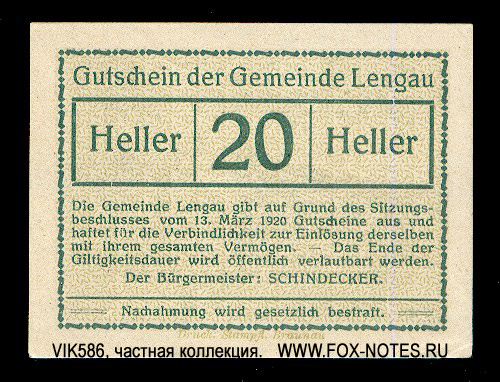 Gemeinde Lengau 20 Heller 1920