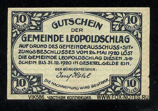 Gemeinde Leopoldschlag 10 Helller 1920