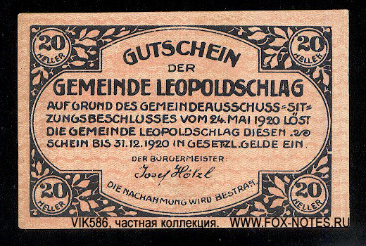 Gemeinde Leopoldschlag 20 Helller 1920
