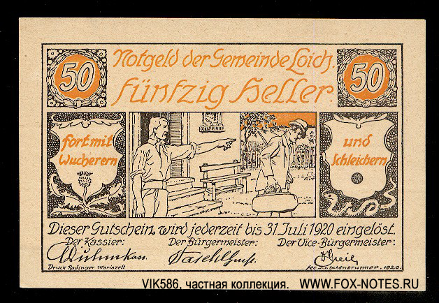 Notgeld der Gemeinde Loich. 50 Heller 1920. 1. Auflage.