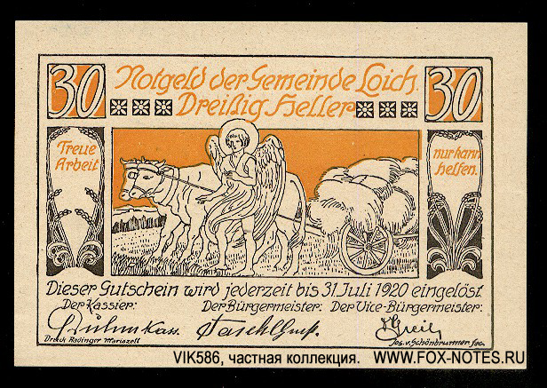Notgeld der Gemeinde Loich. 30 Heller 1920. 3. Auflage.