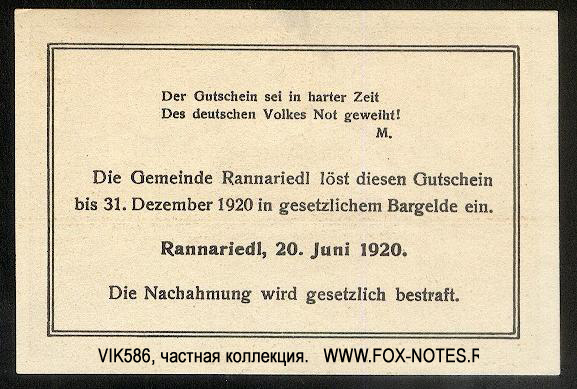 Kassenschein der Gemeinde Rannariedl A/D D. 10 Heller. 20. Juni 1920. I Auflage.