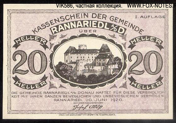 Kassenschein der Gemeinde Rannariedl A/D D. 20 Heller. 20. Juni 1920. I Auflage.
