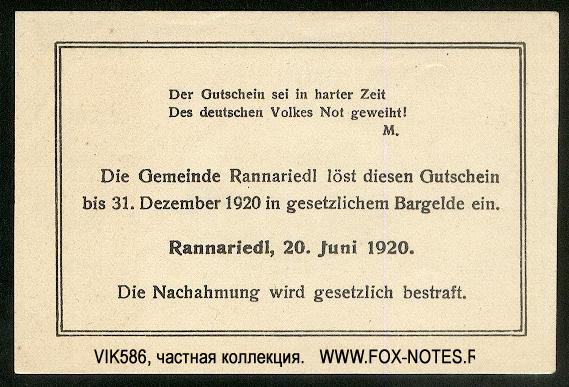 Kassenschein der Gemeinde Rannariedl A/D D. 50 Heller. 20. Juni 1920. I Auflage.