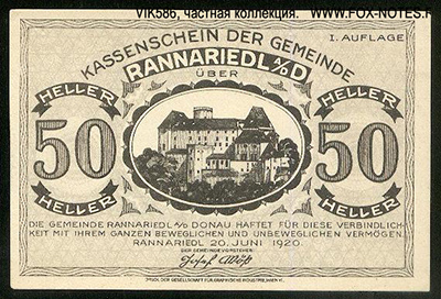 Kassenschein der Gemeinde Rannaried 50 Heller 1920.
