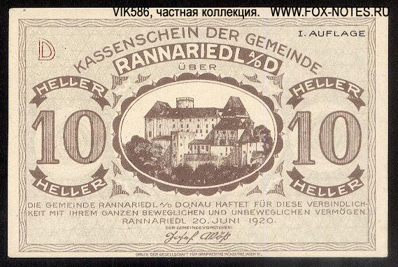 Kassenschein der Gemeinde Rannariedl 1920. Notgeld.