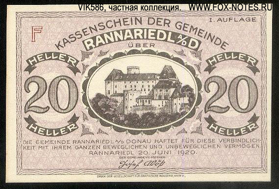 Kassenschein der Gemeinde Rannariedl 1920. Notgeld.
