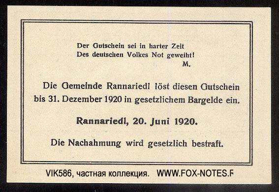 Kassenschein der Gemeinde Rannariedl A/D D. 10 Heller. 20. Juni 1920. II Auflage.