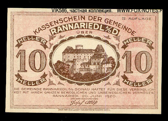 Kassenschein der Gemeinde Rannariedl A/D D. 10 Heller. 20. Juni 1920. II Auflage.