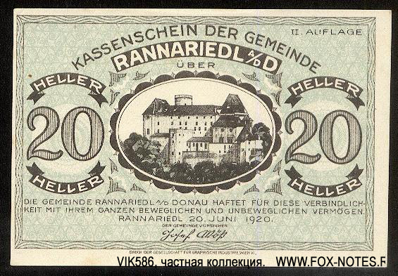 Kassenschein der Gemeinde Rannariedl A/D D. 20 Heller. 20. Juni 1920. II Auflage.