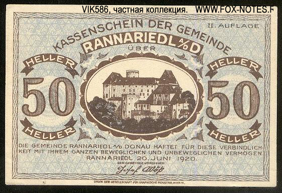 Kassenschein der Gemeinde Rannariedl A/D D. 50 Heller. 20. Juni 1920. II Auflage.