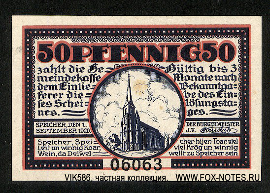 Gemeinde Speicher 50 Pfennig. 1920.