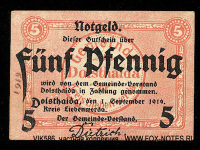 Gemeinde-Vorstand Dolsthaida 5 Pfennig 1919