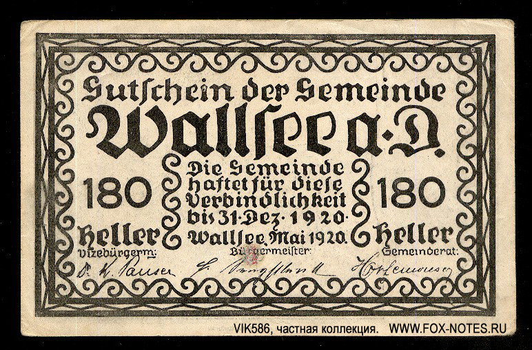 Gutschein der Gemeinde Wallsee a. D. 180 Heller. Mai 1920