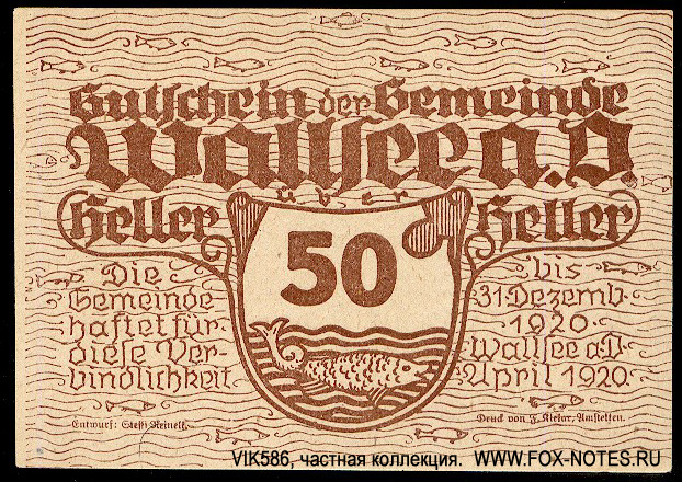 Gutschein der Gemeinde Wallsee a. D. 50 Heller. April 1920 - 31.12.1920