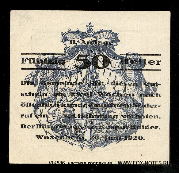 Gemeinde Waxenberg 50 Heller 1920