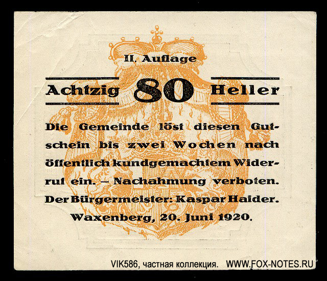 Gemeinde Waxenberg 80 Heller 1920