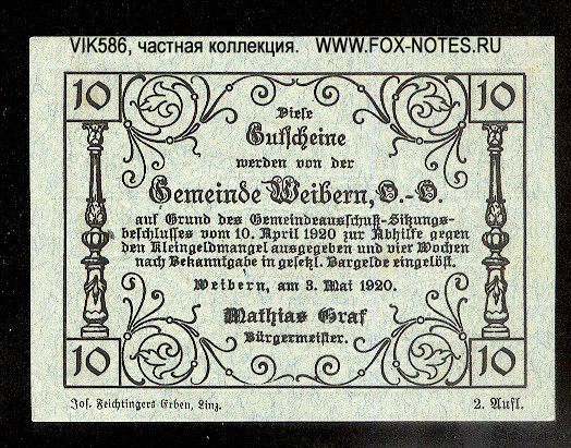 Gemeinde Weibern (Oberösterreich) 10 Heller 1920