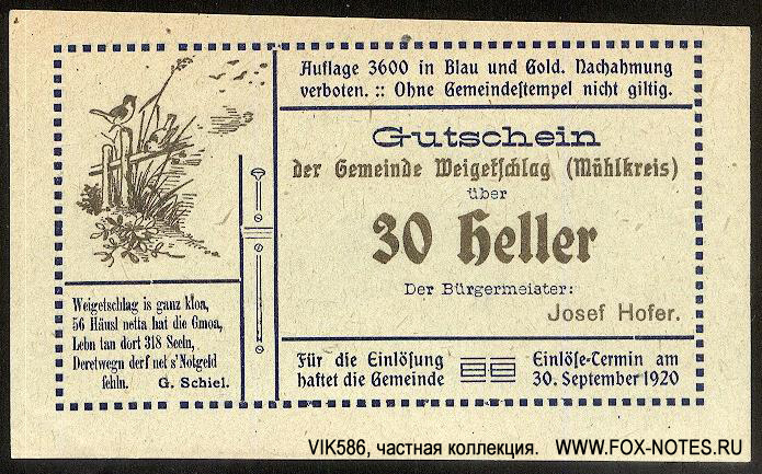 Gemeinde Weigetschlag (Mühlkreis) 30 Heller