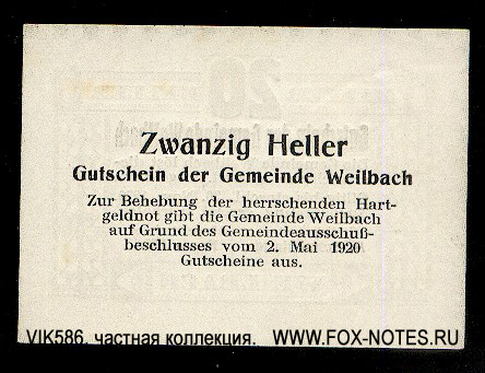 Gemeinde Weilbach 20 Heller 1920